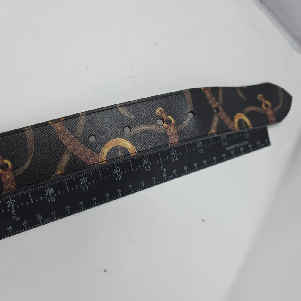 Lauren Ralph Lauren Belt M Equestrian Stirrup Print Manmade Gold Buckle Black